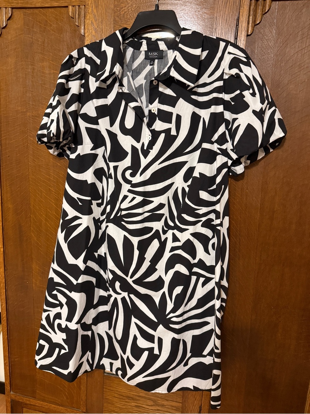 MSK Black & White Abstract Collared Cotton Dress, 1X, NWOT